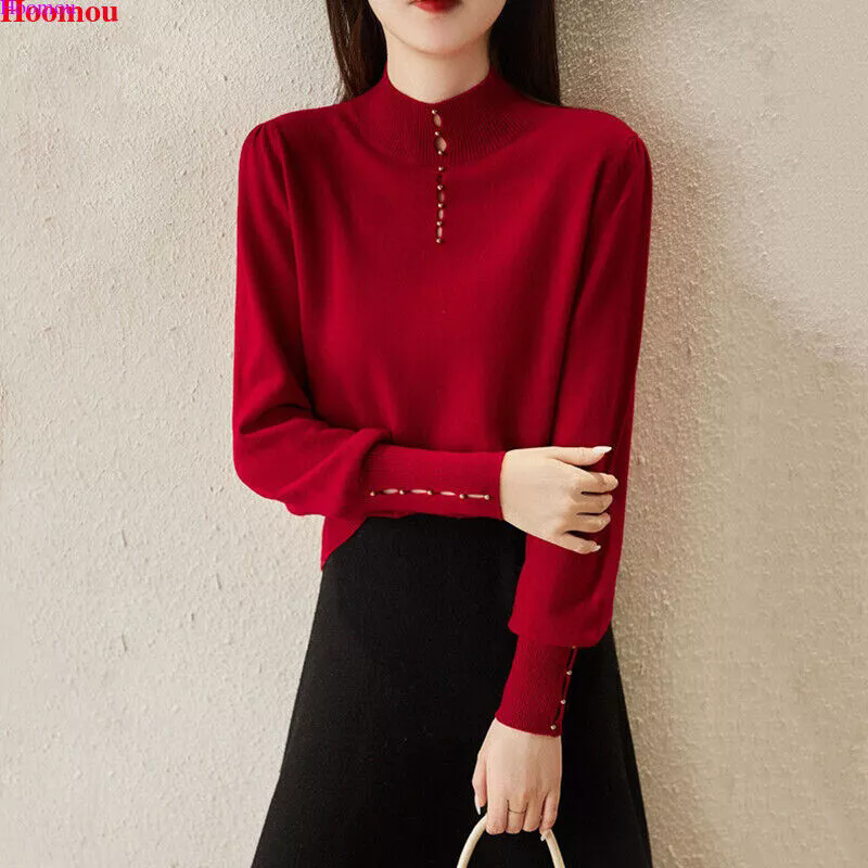 Korean Women Beads Mock Neck Soft Casual Knit Tops Shirt Blouse Sweater Pullover